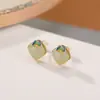 Pendientes Yiluyin S925 Plata de Ley Chapados en Oro Jade de Agua Transparente Cera de Abeja Esmalte Mariposa Cuadrado Simples Versátiles Elegantes