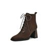 Casaco combinando Knocked Elegante Cashmere Anti-fleece Costura 2024 Outono e Inverno Salto grosso Salto alto Cabeça quadrada Botas de couro com cadarço para mulheres