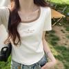 Playera de Verano para Mujer de Corte Ajustado de Manga Corta con Escote Cuadrado, que Revela la Clavícula, Top Corto de Algodón con Varillas, Casual Versátil
