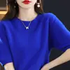 Suéter de lã feminino, gola redonda, top de tricô de manga curta, blusa de lã de manga curta cruzada feminina, top de camada interna feminina