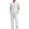 Amazon Moda Traje de Lino Europeo y Americano Sencillo Casual Camisa de Manga Larga con Cuello de Solapa y Pantalón Recto Conjunto de Dos Piezas