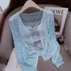 2025 Cardigan de Punto con Protección Solar de Seda de Hielo para Mujer Verano Talla Grande Cuello en V Color Sólido Delgado Hueco Chal Exterior Chaqueta Corta