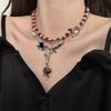 Dulce Fresco Picante Doble Capa Rojo con Cuentas Ángel Rojo Rosa Amor Corazón Colgante Collar Moda Mariposa Cadena Clavícula
