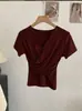 Camiseta Básica Ombro a Ombro com Decote V Plissada Slim Fit Manga Curta para Mulheres, Nova Coleção Primavera/Verão 6826