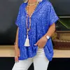 Verano Europeo y Americano Amazon Manga Corta Casual Moda 2024 Nuevo Cuello en V Jersey Lentejuelas Top Camiseta Suelta para Mujer