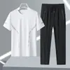 Traje de Verano para Hombre de Seda de Hielo Transpirable Deportivo Casual Cuello Redondo Pantalón Largo Traje de Secado Rápido Traje de Manga Corta de Seda de Hielo para Hombre