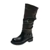 Botines retro plisados para mujer, nueva colección otoño/invierno 2026, botas de montar de tacón grueso con hebilla de cinturón, botas de media pantorrilla, botas largas adelgazantes
