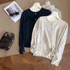 Botón de concha/Nuevo estilo coreano de otoño borde enrollado cuello redondo color liso de un solo pecho agradable a la piel cómodo camiseta básica T-shirt moderna