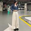 Calça Jeans Casual Wide Leg Reta Feminina Nova Primavera 2026 Comprimento Estendido com Cinto de Chenille e Elastano
