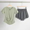 Camiseta de Manga Curta Secagem Rápida Respirável Roupa Fitness Conjunto Verão Cintura Roupas de Yoga Feminino Corrida Esportes Top Efeito Emagrecedor Gola V