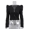 Moda de Rua Preto Curto Couro PU Camisa Feminina 2026 Novo Retrô Decote V Manga Longa Cintura Marcada Elegante Top