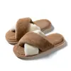 Novas Pantufas de Chão de Inverno com Tira Cruzada de Pelo Color Block Quentes Confortáveis Fashion Simples Versáteis Femininas de Algodão