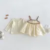 Dianxi Bebê Camisola Fresca Básica Vestido Bebê Outono Abertura nos Pés Renda Jeans Calça Flare Conjunto de Três Peças