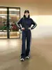 Conjunto esportivo casual estilo europeu para mulheres, nova coleção outono 2026, conjunto de duas peças da moda com cardigã e calça de perna larga para baixinhas