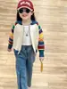 Outono 2024 Nova Roupa Infantil Coreana Meninas Manga Colorida Lã Zíper Suéter Suéter de Tricô Jeans
