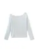 Camiseta de manga larga para mujer con ribete de encaje a rayas azules, fina para principios de otoño, estilo casual holgado con escote asimétrico y diseño de un solo hombro
