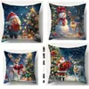 Funda de Almohada Estampada de Reno y Muñeco de Nieve Navideño Set Azul de Cuatro Piezas Funda de Cojín de Atmósfera para Sofá de Sala de Estar Navideña Respaldo