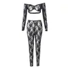 11384 Sexy de Moda Chica Caliente Transfronterizo Ropa para Mujer Exportación Hueco Sexy Encaje Manga Larga Top Empalmado Pantalón Largo Conjunto