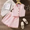 Ternos de Meninas de Comércio Exterior Roupa Infantil Transfronteiriça 2026 Primavera e Verão Nova Moda Cor Pura Colete Colete Shorts Conjunto de Duas Peças