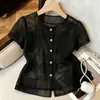 Camisa Curta de Manga Curta com Gola Redonda Estampada Floral em Relevo, Novo Estilo Chinês, Transfronteiriça Europeia e Americana Amazon, Top Elegante Versátil que Afina a Cintura