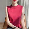 Novo modelo de outono de 2026, colete de malha 100% algodão feminino com gola redonda semi-alta, top de manga curta liso