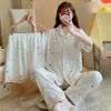 Pijama de Algodón Nube para Mujer, Cardigan de Manga Corta con Solapa para Primavera y Verano, Shorts y Pantalones Largos, Conjunto Casual de Tres Piezas con Solapa para Niñas