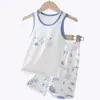 Conjunto de Colete Modal Infantil Camiseta Sem Manga Verão Terno Esportivo para Meninos Colete Fino Shorts Conjunto de Duas Peças