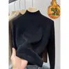 Tejido de punto de cuello alto medio para mujer en otoño e invierno con terciopelo y engrosado, prenda única de punto estilo terciopelo, cálido top de capa base