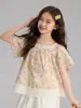 Pudding Haru ropa infantil top 2026 verano nuevo estilo blusa floral para niñas estilo niña dulce blusa floral de encaje 100% algodón