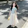 Conjunto de Dos Piezas Delgado de Verano para Niñas Moda Coreana Sencillo Falso Dos Piezas Camiseta de Manga Corta Falda Dulce con Lazo