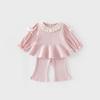 Conjunto de Moda para Niñas, Izquierdo Pequeño y Derecho Pequeño, Estilo Coreano de Otoño para Niños, Camisa de Malla con Lazo y Muñeca con Pantalones de Campana Conjunto de Dos Piezas
