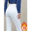 Jeans Branco Skinny Feminino de Inverno com Cintura Alta, Forrado com Fleece, Espesso, Emagrecedor, Elástico, Quente Leggings Calças Bootcut Femininas