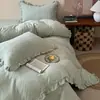 Juego de Cuatro Piezas Estilo Crema de Alto Gramaje Color Sólido Encaje Francés Vellón de Leche Estilo Colcha Clase A Ropa de Cama de Vellón Otoño/Invierno