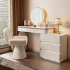 Tocador Moderno Simple Pintado Habitación Estilo Crema Cómoda con Luz Integrada Mesa de Maquillaje de Lujo Ligero Crema Madera Maciza Almacenamiento