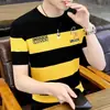 Camiseta de punto a rayas de manga corta para hombre, fina, moderna, ropa de verano, camiseta sensible al hielo, top de seda de hielo de media manga para el cabello