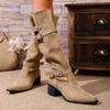 Botas de Moda com Salto Grosso Estilo Britânico Tamanho Grande Sem Joelho para Mulheres 2025 Outono Novo Fivela de Cinto Versátil Forradas com Lã Moda Botas