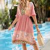 Vestido Boho Europeu e Americano de Férias Sexy Solto Elástico em Quatro Direções Estampado com Gola V Manga Curta
