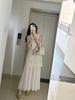 Vestido tipo chaleco sin mangas plisado de dos piezas, estilo francés retro suave, estilo industrial pesado, hueco, crochet, elegante, largo, para mujer