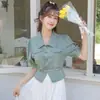 Diseño de Alta Gama Estilo Hong Kong Moda Retro Ajustado Mangas Abullonadas Mezclilla Manga Corta Top