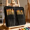 Set de Pinceles para Pintura al Óleo de 15 Piezas Transfronterizo con Bolsa de Lona Negra con Cierre, Raspador, Esponja, Mango de Madera, Pincel de Nylon