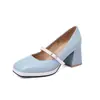 Nova fivela de cinto bico quadrado boca rasa sapatos femininos de primavera e outono salto alto grosso sapatos de salto único 33-48 sapatos de comércio exterior