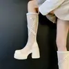 Botas Largas Transpirables de Malla para Mujer 2025 Nuevo Nicho Remache Botas de Montar de Tubo Alto Adelgazantes Botas de Suela Gruesa para Aumentar la Altura