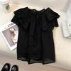 Camisa Ligeramente Transparente Negra Adelgazante de Manga Corta para Mujer, Nuevo Estilo Verano 2026, Blusa Ligera de Moda con Espalda Descubierta y Atado, Estilo Coreano
