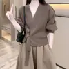 Estilo coreano Otoño Nuevo estilo francés retro suéter de punto con cordones y cuello en V para mujer cárdigan de punto versátil con diseño de nicho adelgazante