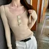 Andy Tejido Estilo Coreano Diseño de Botones Grises Cuello en U Prendas de Punto Corto Ajustado Delgado Versátil Suéter Pulóver Capa Base