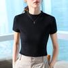 Playera de Manga Corta para Mujer 2025 Nueva Ropa Europea para Mujer Hombro Derecho Cuello Mao Pequeño Playera de Color Puro Aspecto Elegante Adelgazante en la Cintura Top
