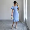 Saia Midi Europeia e Americana Slim Cauda de Peixe Mangas Bufantes Justa ao Corpo para Trabalho Encontro Temperamento Emagrecimento Vestido