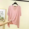 Camiseta Holgada de Cuello V Asimétrica con Manga Tres Cuartos Verano Delgada de Modal Talla Grande Top de Media Manga Color Sólido Camisa Básica