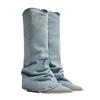 Botas Largas para Mujer, Tacones Altos de Punta Fina, Botas Vaqueras Occidentales, Tacones Gruesos Azules Retro, Botas Altas para Pantalones, Botas Altas de Caballero