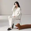 Pijama Feminino Primavera e Outono Algodão Puro Cardigã com Lapela Tamanho Plus Doce Fofo Listrado Roupa de Casa Conjunto Pode Ser Usado Fora